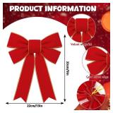 12 Pack Red Bows for Christmas Tree 9 x13 Inch Large Red Velvet Bows with Glitter Gold Edge for Christmas Wreath Fence Decor, Indoor Outdoor Holiday Decorations
