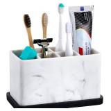 ZCCZ Marble Look Toothbrush Holder for Bathroom Countertop Organizer, Holds Toothpaste, Dental Floss, Razor, Comb, Makeup Brushes, and More, Stylish Bathroom Accessory for Tooth Brushing Essentials