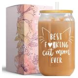 Vanteen Best Cat Mom Ever - Cat Mom Gifts for Cat Lovers Women - Cat Themed Mug Cat Lady Presents - 16 Oz Glass Coffee Cup