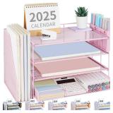 OPNICE Desk Organizer, 4-Tier Desktop File Organizer with Drawer and 2 Pen Holders, Office Desk Accessories, File Sorters, Workspace Organizers for Office Supplies(Pink)