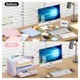OPNICE Desk Organizer, 4-Tier Desktop File Organizer with Drawer and 2 Pen Holders, Office Desk Accessories, File Sorters, Workspace Organizers for Office Supplies(Pink)