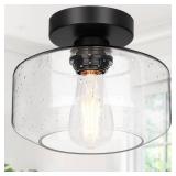 Industrial Semi Flush Mount Ceiling Light, 800 Lumen LED Bulb Included, Seeded Glass Shade Farmhouse Light Fixture for Hallway Corridor Kitchen Bathroom Bedroom Passway