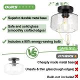 Industrial Semi Flush Mount Ceiling Light, 800 Lumen LED Bulb Included, Seeded Glass Shade Farmhouse Light Fixture for Hallway Corridor Kitchen Bathroom Bedroom Passway