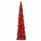 Aoriher 5 ft Pre-lit Pop up Christmas Tinsel Tree Decor Reusable Collapsible Artificial Sequins Slim Pencil Tree with Colorful String Lights for Holiday Party Home Indoor Outdoor(Red)