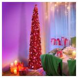 Aoriher 5 ft Pre-lit Pop up Christmas Tinsel Tree Decor Reusable Collapsible Artificial Sequins Slim Pencil Tree with Colorful String Lights for Holiday Party Home Indoor Outdoor(Red)