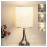 Boncoo Touch Control Table Lamp, 3 Way Dimmable Simple Night Light Lamp with White Lampshade Silver Metal Base, Small Bedside Table Lamp for Bedroom, Office, Dorm, A19 9W 3000K Bulb Included