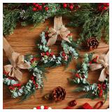 Hotop 4 Set Mini Wreaths for Kitchen Cabinet 12 Inch Small Christmas Wreath with Burlap Ribbon Red Berry and Eucalyptus Leaves for Xmas Window Front Door Fireplace Chair Farmhouse Hanging Decor