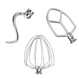 LETOMS Stainless Steel Attachments 3-Piece for KitchenAid 5.5-6 QT Bowl-Lift Stand Mixer and Mixing Bowl,Includes Wire Whisk, Flat Beater, Dough Hook,Dishwasher Safe and Heavy Duty