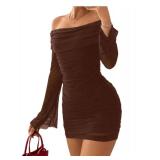 GORGLITTER Womenfts Off The Shoulder Mesh Mini Dress Long Sleeve Y2K Sexy Ruched Bodycon Birthday Club Party Dresses Brown Small