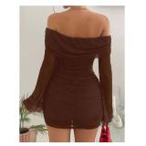 GORGLITTER Womenfts Off The Shoulder Mesh Mini Dress Long Sleeve Y2K Sexy Ruched Bodycon Birthday Club Party Dresses Brown Small