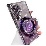 Changjia for Samsung Galaxy S24 Ultra Glitter Kickstand Case,Luxury Bling Sparkly Diamond Rhinestone with Camera Protector Liquid Ring Stand Women Girls Clear Phone Case for Galaxy S24 Ultra (Purple)