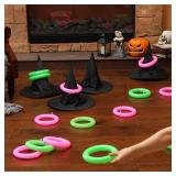 Leitee 25 Pcs Witch Hat Ring Toss Games Set Halloween Party Favors Pink and Green Party Decorations 5 Black Oxford Fabric Wizard Hats with 20 Inflatable Rings for Girls Women Birthday Movie *missing s