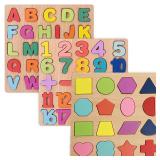 Wooden Puzzles for Toddlers, 3pack Alphabet Shape Puzzles for Kids 3 Wooden Montessori Toddler Alphabet Number Shape for Kids 3 Years Old Boys and Girls