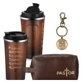 Roshtia 3 Pcs Christian Gifts for Men 20 oz Stainless Steel Tumbler with Lid and Straw Leather Toiletry Bag Inspirational Keychain Religious Gifts for Dad Husband Coworker