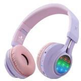 Riwbox WT-7S Kids Bluetooth Headphones Light Up, Foldable Stero Wireless Headset,with Microphone and Volume Control,Comfortable and Durable,for PC/Tablet/TV/Travel(Purple)