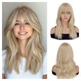 Haloo Blonde Wigs with Bangs - 19 Inch Natural Wavy Synthetic Heat Resistant Medium Length Hair Wigs for Women Daily Party, Dirty Blonde