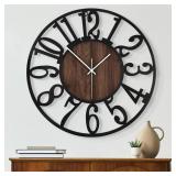 Maxstar Round Wall Clock for Living Room Decor Battery Operated Non Ticking Silent Vintage Black Metal Wood Clocks for Home Living Room Garden Farmhouse Office Kitchen Decoration -13 inch - Retail: $2