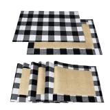 Senneny Set of 6 Christmas Placemats Buffalo Check Placemats Black White Plaid Reversible Burlap & Cotton Place mat for Christmas Holiday Table Home Decoration - Retail: $19