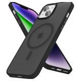 oakxco Magnetic Case for iPhone 14 iPhone 13 Phone Case Compatible with Magsafe, Slim Thin Clear Hard Shell Plastic & Silicone Rubber Bumper, Transparent Cute Mag Safe Cover for Women Girls, Black - R