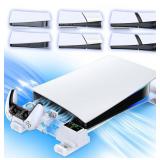 PS5/Slim/Pro Horizontal Stand with Cooling Fan & Charger for Original & Edge Controllers, Scalable Design PS5 Accessories Base with EVA Foams for All PS 5 Disc & Digital, PS 5 Sideways Stand White - R