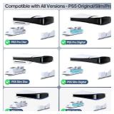 PS5/Slim/Pro Horizontal Stand with Cooling Fan & Charger for Original & Edge Controllers, Scalable Design PS5 Accessories Base with EVA Foams for All PS 5 Disc & Digital, PS 5 Sideways Stand White - R