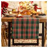 One Pk Green Red Plaid Christmas Table Runner, Winter Holiday Table Runners 36 inches Long, Xmas Decorations Indoor Outdoor Farmhouse Home Kitchen Dining Party Decor - Retail: $13