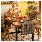 One Pk Green Red Plaid Christmas Table Runner, Winter Holiday Table Runners 36 inches Long, Xmas Decorations Indoor Outdoor Farmhouse Home Kitchen Dining Party Decor - Retail: $13