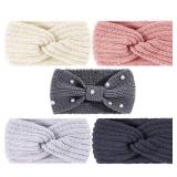 Whaline 5 Pieces Winter Knit Headbands Chunky Knit Headbands,4 Elastic Turban Head Wraps and 1 Pearl Crochet Hair Band, Ear Warmer Crochet Head Wraps for Women Girls (Pink & Gray Colors) - Retail: $9