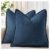 decorUhome Spring Corduroy Navy Blue Throw Pillow Covers 18x18 Set of 2 Decorative Soft Boho Farmhouse Couch Pillow Covers for Living Room Bed Sofa Broadside Striped Pillow Cases - Retail: $17