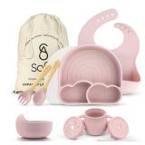 SofiAl All In One Silicone Feeding Set - Safe for 6-12 Months - Non-Toxic Baby Led Weaning Supplies - Toddler Self Feeding Utensils - BPA-Free - Mess Free Essentials - Retail: $25