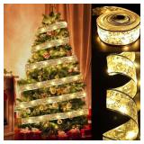 Christmas Tree Decorations Ribbon Lights, 32ft 100 LED String Lights, Battery-Powered Copper Wire Christmas Tree Ribbon Lights for Holiday Party Weddings Indoor Christmas Tree Decorations (Gold) - Ret
