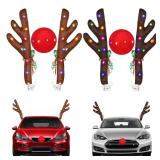ovsor 2 Sets Christmas Reindeer Car Kit - Antlers & Nose for Car Decorations, Sturdy Rudolph Reindeer with LED, Jingle Bells, Christmas Reindeer Kits for Any Vehicle Decorations (Brown, Black-Brown) -