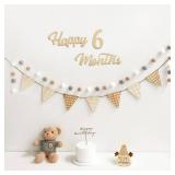Happy 6 Months Banner Pre-Strung Pennant Felt Fabric Banner Flags and Pom Pom Garland, Party Hat for Half Birthday Decorations, Reusable Half Way to One Bunting Sign for Girl Boy 6 Months Party - Reta