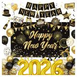New Years Eve Party Supplies 2026, 78Pcs Happy New Year Nye Party Decorations Includes Black and Gold Backdrop,Happy New Year Banner,2026 Foil Balloons,Hanging Swirls,Blowouts,Printed Balloons - Retai