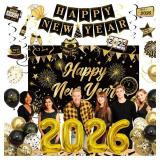 New Years Eve Party Supplies 2026, 78Pcs Happy New Year Nye Party Decorations Includes Black and Gold Backdrop,Happy New Year Banner,2026 Foil Balloons,Hanging Swirls,Blowouts,Printed Balloons - Retai