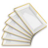 Mint Living - Elegant Plastic Serving Tray & Platter Set (6pk) - White & Gold Rim Disposable Serving Trays & Platters for Food - Weddings, Upscale Parties, Dessert Table, Cupcakes - 8 x 12.85 inches -