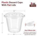 Qeirudu 100 Pack 9 Oz Clear Plastic Dessert Cups with Flat Lids No Hole, Small Parfait Cups Mini Round Party Serving Cups for Cakes, Snacks, Fruits, Ice Creams - Retail: $17