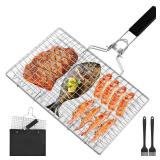 Fish Grill Basketsï¼Folding Portable Fish Grilling Rack For Grill, BBQ Grilling Basket, Stainless Steel Grill Basket For Veggies, Shrimp, Meat Cookï¼Come With Storage Bag and Two Basting Brush