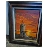 Lighthouse at Sunset Oil Painting in Wood Frame