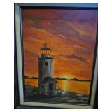 Lighthouse at Sunset Oil Painting in Wood Frame