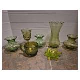 Green Glass Collection - Floral Pattern Vases and Bowls