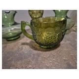 Green Glass Collection - Floral Pattern Vases and Bowls