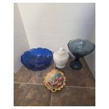 Decorative Glass Collection - Hobnail Jar, Blue Bowls & Floral Plate
