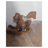 Wooden Rocking Horse with Blue and Coral Decorations