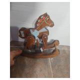 Wooden Rocking Horse with Blue and Coral Decorations