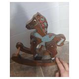 Wooden Rocking Horse with Blue and Coral Decorations