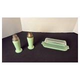 Fire King Jadeite butter dish, and salt and pepper shaker