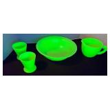 McK Jadeite uv reactive Glass bowl, measuring cup and smaller companion pieces