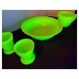 McK Jadeite uv reactive Glass bowl, measuring cup and smaller companion pieces