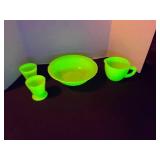 McK Jadeite uv reactive Glass bowl, measuring cup and smaller companion pieces